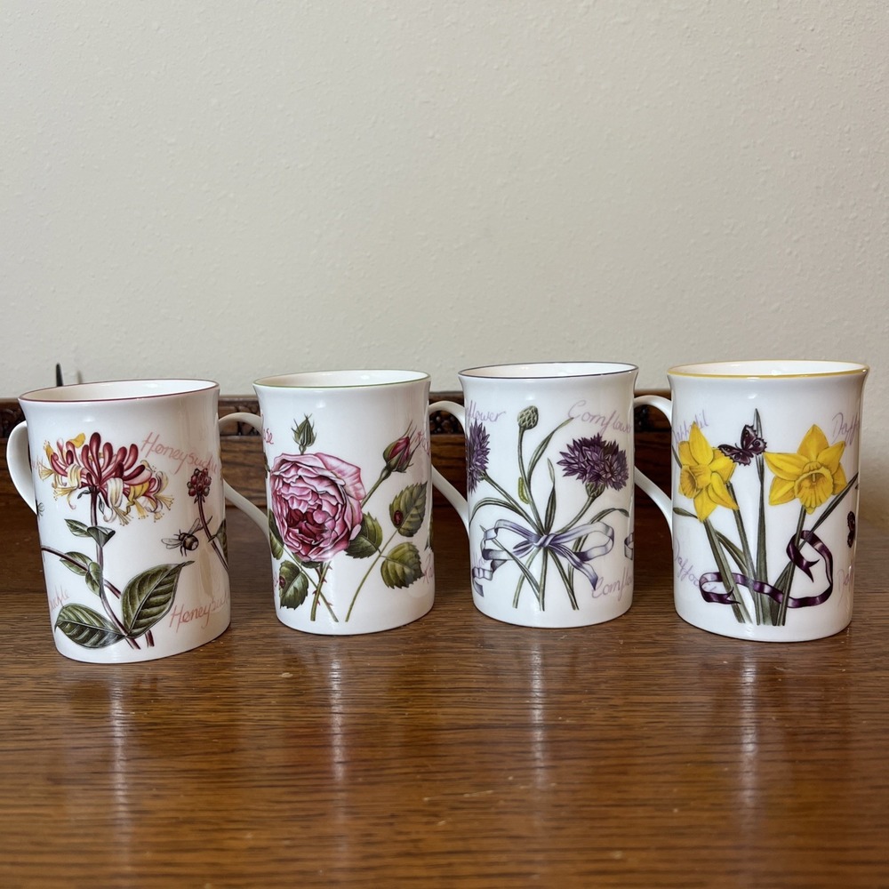 Set Of Four Laura Ashley Flower Mugs Bone China England Daffodil Rose Cornflower